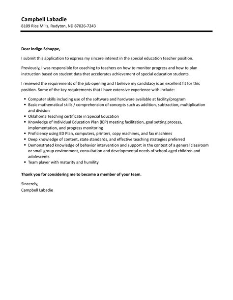 Special Education Teacher Cover Letter Velvet Jobs