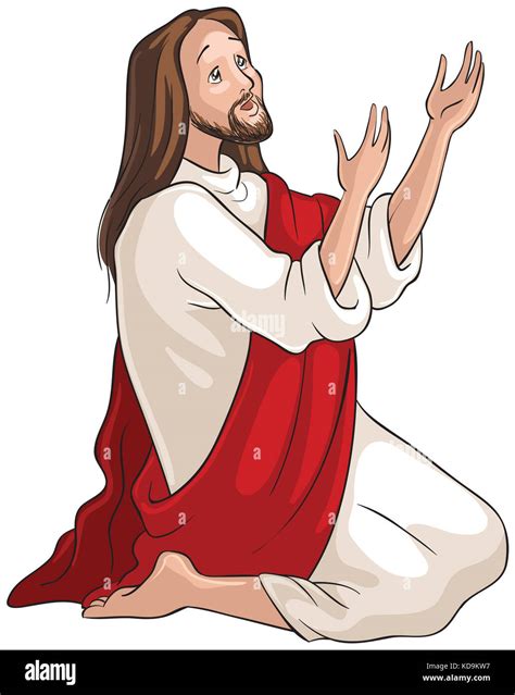 Jesus Kneeling In Prayer Christian Cartoon Illustration Stock Photo