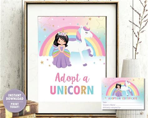 Adopt A Unicorn Sign And Adoption Certificate Card Black Hair Princess And Unicorn Instant