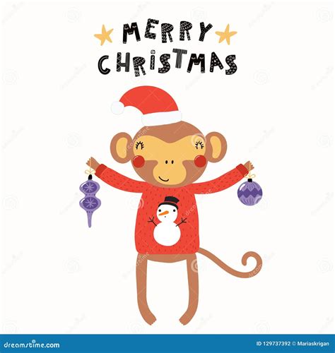 Cute Monkey Christmas Card Stock Vector Illustration Of Cartoon