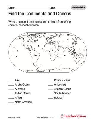 continents  oceans worksheets  kidsworksheetfun