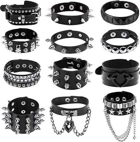 NEWITIN 12 Pieces PU Leather Bracelet Punk Bracelet Adjustable Goth