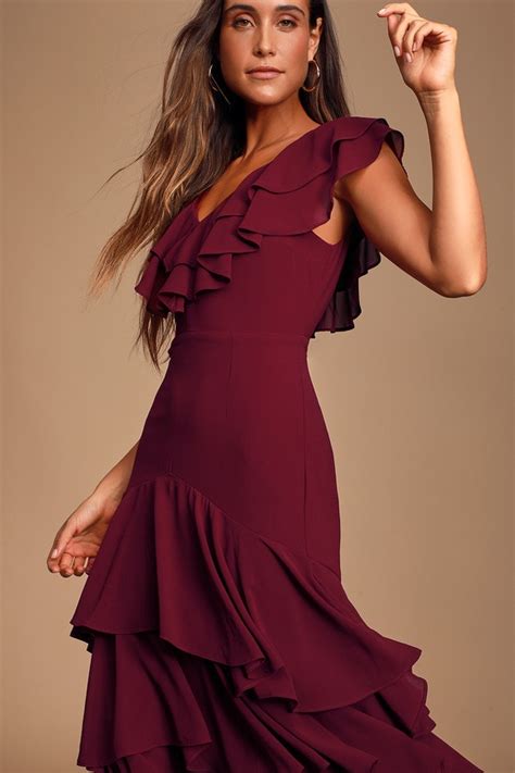 Lovely Burgundy Midi Dress Ruffled Dress High Low Dress Lulus