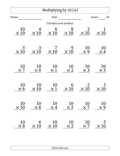 Multiplying 1 To 10 By 10 36 Questions Per Page A