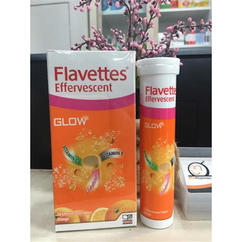 Flavettes effervescent glow vitamin c 1000mg + vitamin e 15iu + glutathione 50mg 3x30's (orange flavour). Flavettes Glow 15s/30s Gluthathione+Vitamin C (Exp: 10 ...