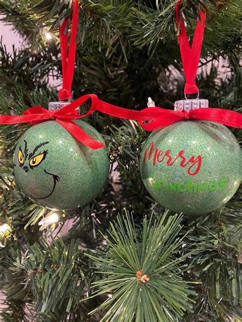 The Grinch Face And Merry Grinchmas Ornament Set The Grinch Etsy