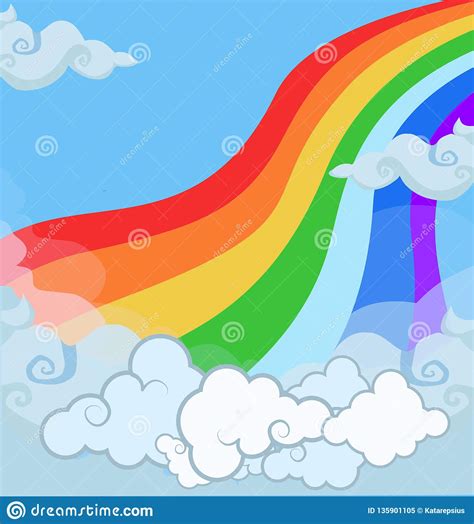 Cartoon Illustration Of Fantasy Magical Landscape Rainbow In Cloudy Sky
