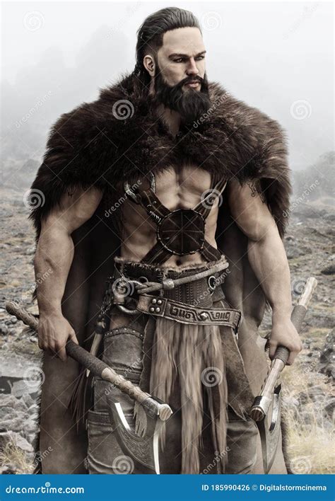 Viking Norse Raider From Scandinavia Holding Duel Bearded Axes Stands
