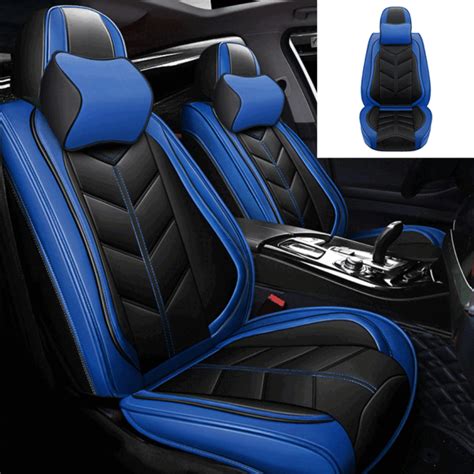 black blue universal 5 sit car seat covers pu leather full set interior cushions ebay