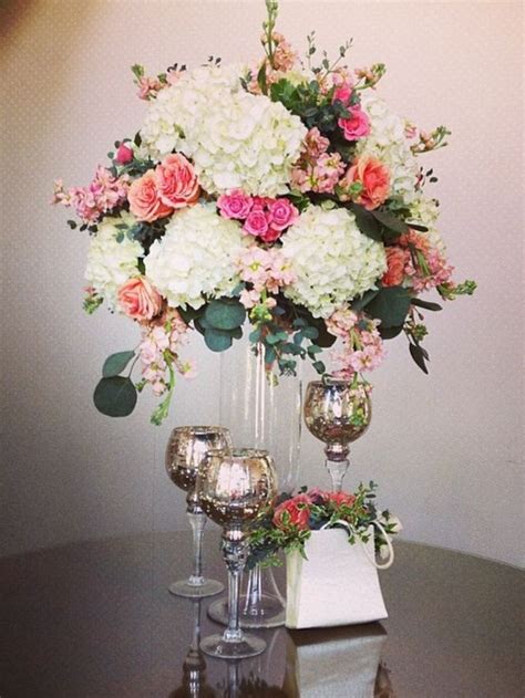 Tall Wedding Centerpiece With White Hydrangea Pink Garden Roses By New