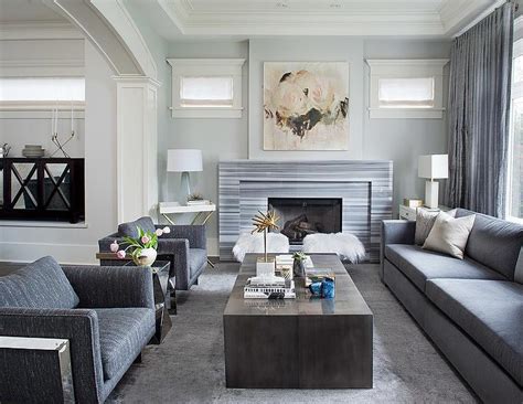 Gray Living Room With Gray Striped Marble Fireplace Contemporary