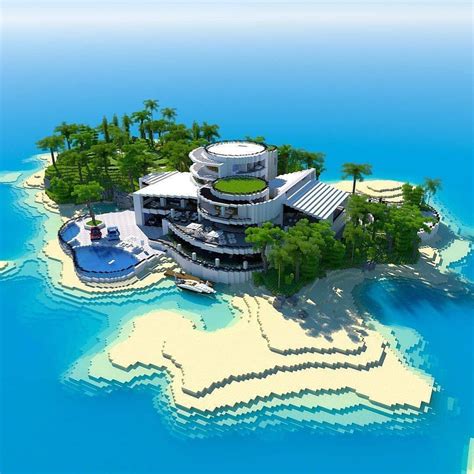 An Island In The Middle Of The Ocean With A Swimming Pool And Palm