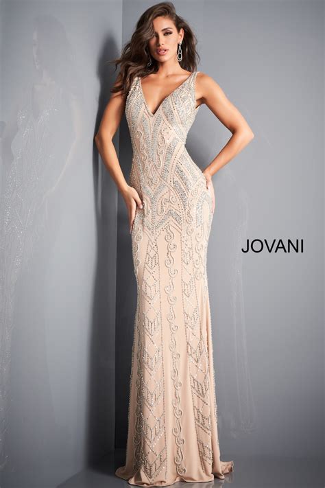 Jovani Nude Silver Beaded Sheath Evening Dress