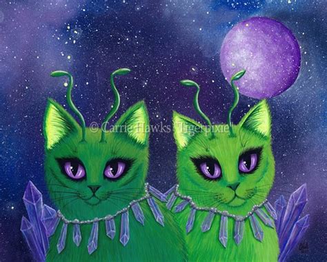 Alien Cats Art Cat Painting Space Cats Green Alien Cat Purple Etsy