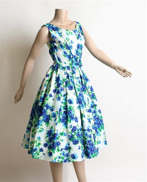 Vintage 1950s Dress Early 1960s Blue Floral Print Textured Etsy