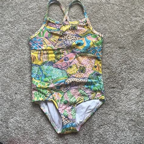 Lilly Pulitzer Girls One Piece Bathing Suit Size 7 Fish Swim Beach Euc