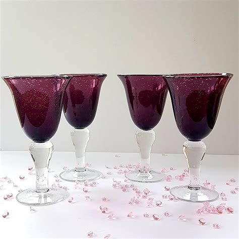 12 Oz Purple Hand Blown Glass Goblets Set Of 2 Vintage Wine Glasses Purple Glass Flared Bowl