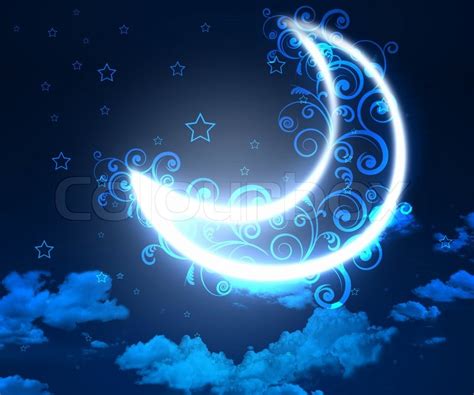 Dark Blue Night Sky Background With Moon And Twinkling Stars Stock