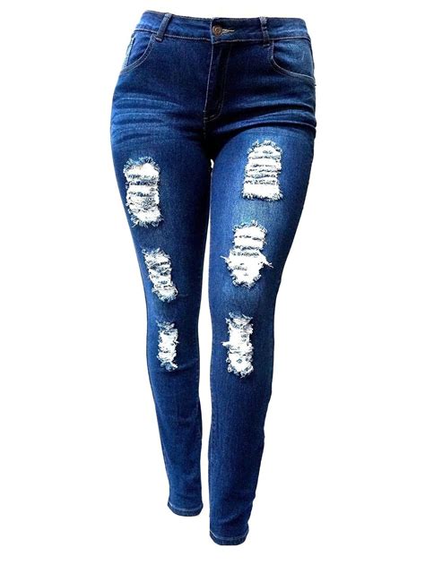 Jack David Women S Plus Size Stretch Distressed Ripped Blue Skinny Denim Jeans Pants Walmart