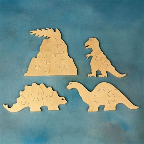 Childrens Wooden Dinosaur Puzzle Set Includes 4 Dino Wood Toy Jigsaw