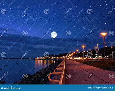 Moon On Starry Sky In Harbor Blurred City Light At Night Pink Sunset