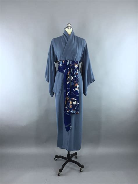 1950s Vintage Silk Kimono Robe Blue Silk Crepe Silk Kimono Robe