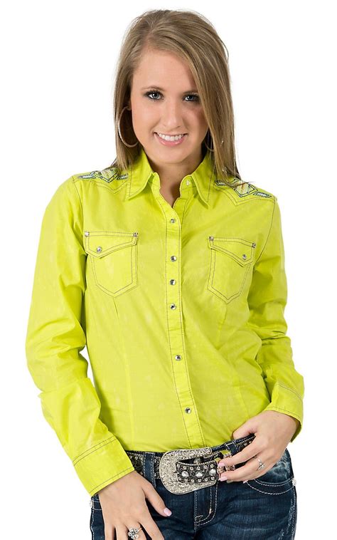 Rock 47™ By Wrangler® Womens Lime With Embroidery Long Sleeve Western Shirt Western Shirts