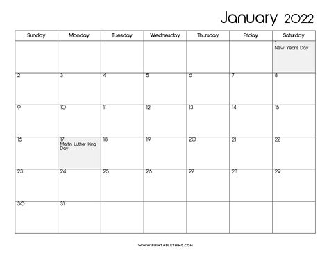 20 Printable January 2022 Calendar With Holidays Blank Free January