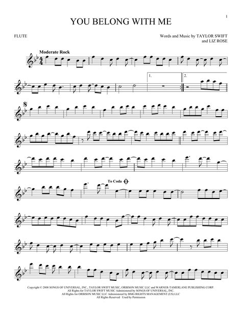 You Belong With Me Sheet Music Taylor Swift Flute Solo