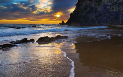 Coast Nature Waves Beach Cliff Rock Sunset Landscape Sea