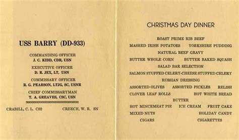 Your guests will marvel at a glazed turkey crown, trimmings and tempting dessert. USS Barry 1956 Christmas Dinner