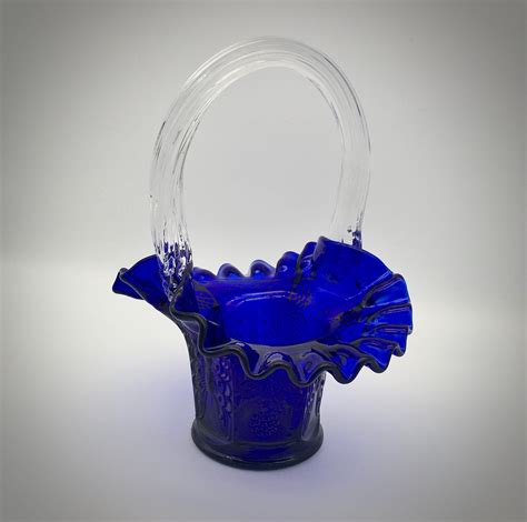 Fenton Art Glass Butterfly And Berry Cobalt Blue Crimped Edge Basket With Clear Handle Cobalt