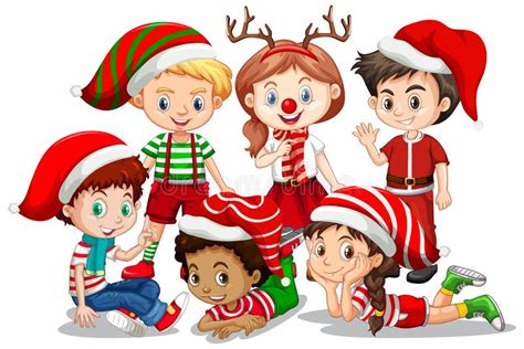 Children Wear Christmas Costume Cartoon Character On White Background