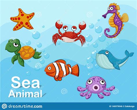 Cute Cartoon Sea Animals Underwater Vector Illustration