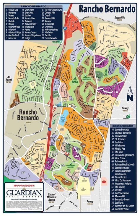 A Map Of Rancho Bernardo With The Names And Locations In Spanish