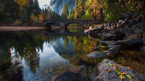 Landscape Usa Yosemite National Park Bridge Rocks Mountains River