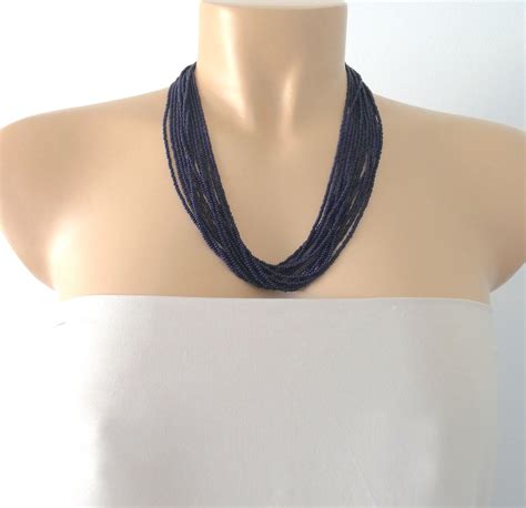 Long Beaded Navy Blue Necklace Dark Blue Necklace Statement Etsy
