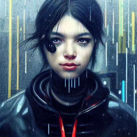 Transhuman Cyberpunk Portrait Rain Skyline Midjourney Openart