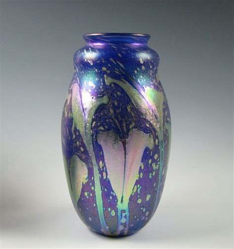 Charles Lotton Art Glass Vase Blue Cypriot With Iridescent Leaves Dated 2003 Glass Art Blue