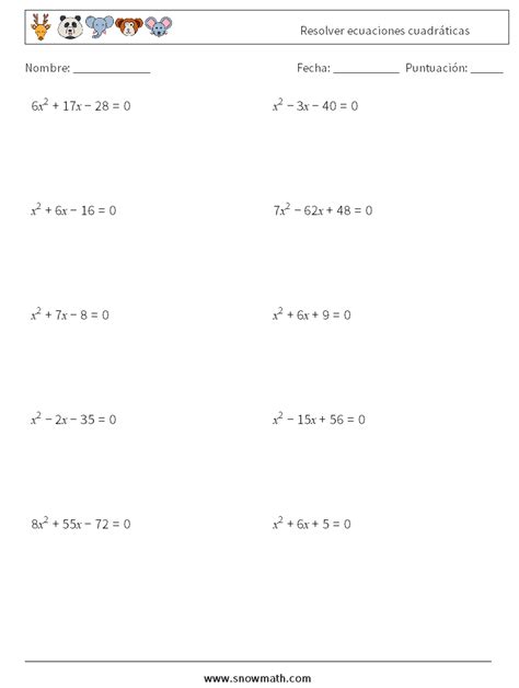 Resolver Ecuaciones Cuadrã¡ticas Hojas De Trabajo De Matemáticas 1hojas