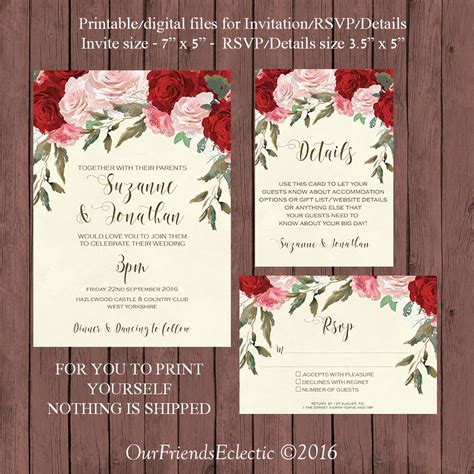 Red Roses Wedding Invitation Suite Watercolour Wedding Invitation