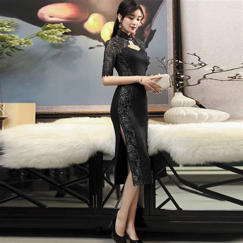 Sexy Lace Embroidery Black Cheongsam Dresses Split Qipao Modern Chinese Dress Fashion