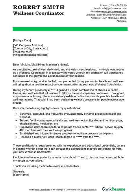 Wellness Coordinator Cover Letter Examples Qwikresume