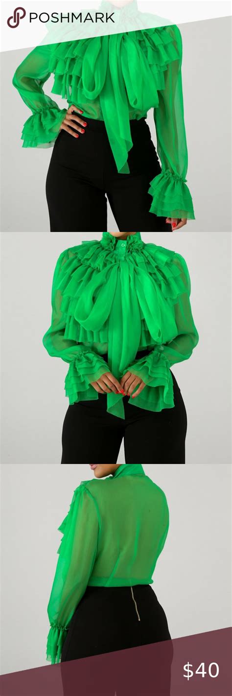 🔅1 Sm Left🔅 Pleasingly Pretty Sheer Top Green Ruffle Top Mock Neckline