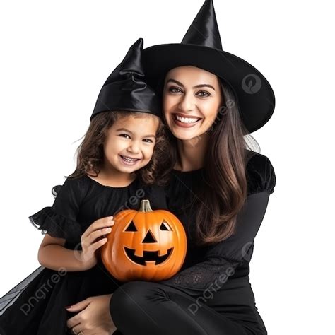 cheerful mother and her daughter in witch costumes celebrating halloween posing with curved