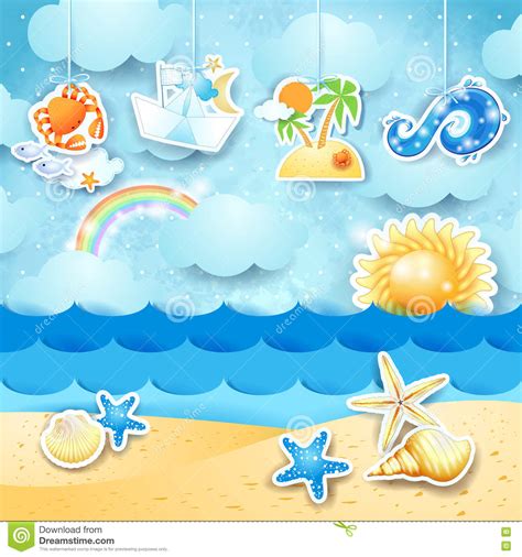 Summer Seascape With Hanging Elements Stock Vector Illustration Of