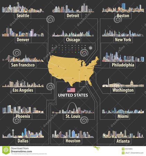 Vector Map Of United States Of America With Largest Cities` Skylines