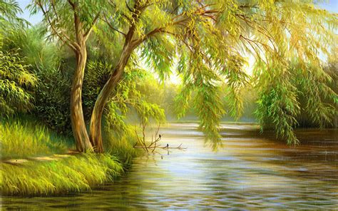 картина живопись природа лето река деревья птицы Пейзажи Идеи