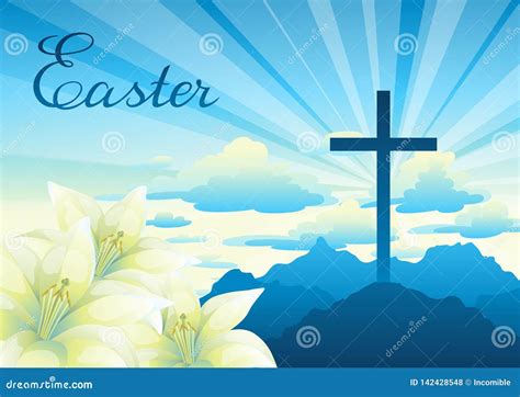 Easter Illustration Greeting Card With Cross And Lilies Stock Vector