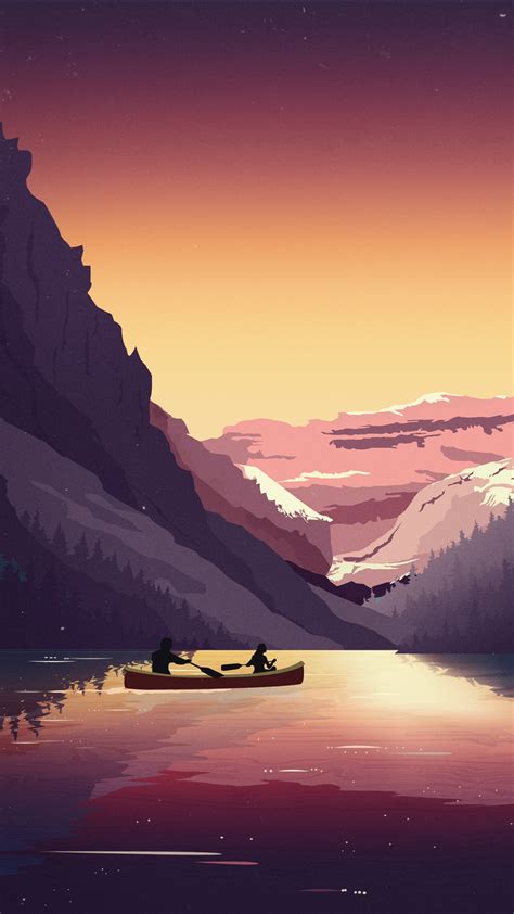 Wallpaper Id 617696 Landscape Canoes Snowy Peak Water Artwork